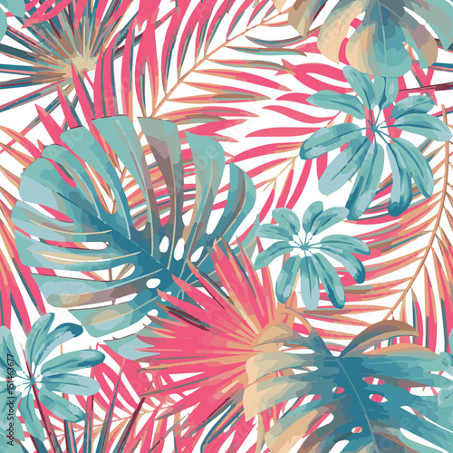Summer exotic floral tropical palm, monstera leaves in pink and blue colors. Vector seamless pattern. Plant nature wallpaper