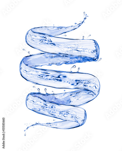 Blue splashes of water in a swirling shape, isolated on white background