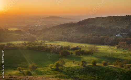 Scenic Warm Orange Sunset Sky over Gloucester Valley in England