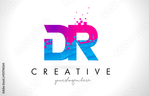 DR D R Letter Logo with Shattered Broken Blue Pink Texture Design Vector.