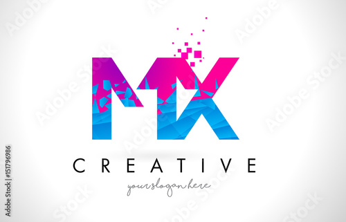 MX M X Letter Logo with Shattered Broken Blue Pink Texture Design Vector.