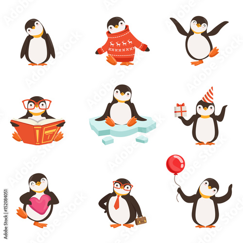 Cute little penguin cartoon characters set for label design. Colorful detailed vector Illustrations