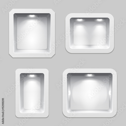 Empty white plastic boxes or niche display, 3d exposition product shelves with lighting