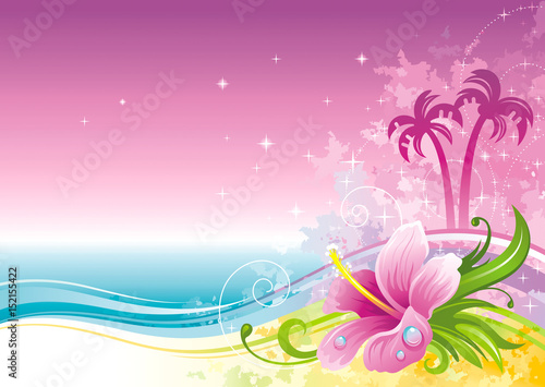 Beach sea poster landscape, hawaiian luau party. Watercolor hibiscus flower vector illustration. Aloha Hawaii design, summer holidays vacation banner. Vacation tropical island, palm tree travel icon