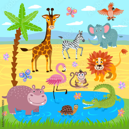 Baby jungle and safari zoo animals vector nature background