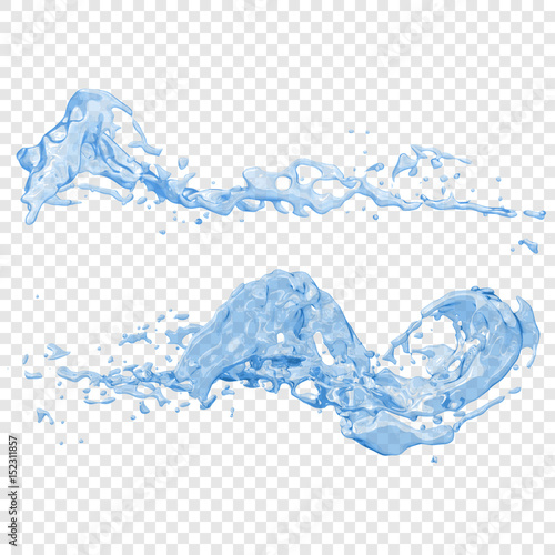 Transparent water splashes and drops in blue colors, isolated vector illustration
