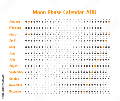 Vector astrological calendar for 2018. Moon phase calendar for dark gray on a white background. Creative lunar calendar with dates and days of the week on a white background ideas for your design.