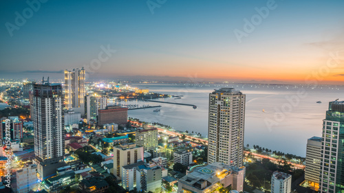 Beautiful Manila city shore Manila Bay skyline during sunset