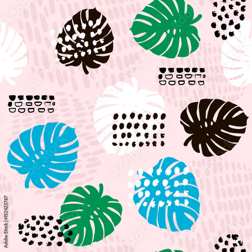 Palm branch trendy seamless pattern with hand drawn elements. Monstera leaf background. Great for fabric, textile Vector Illustration