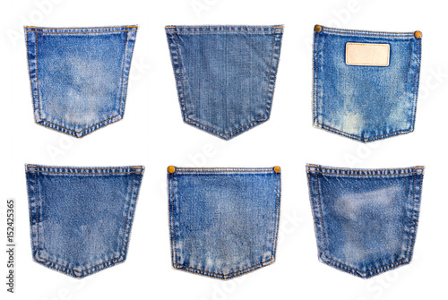 collection of Denim blue jeans pocket isolated on white background.