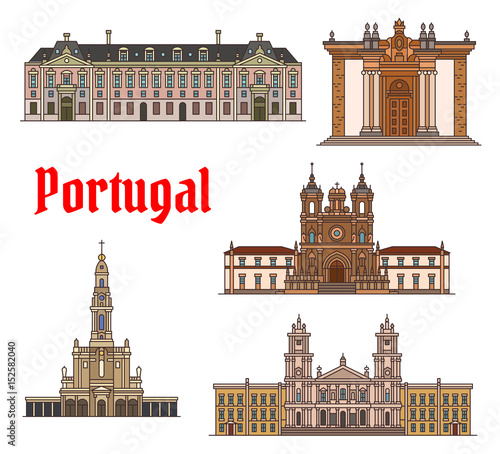 Portuguese travel landmark thin line icon set