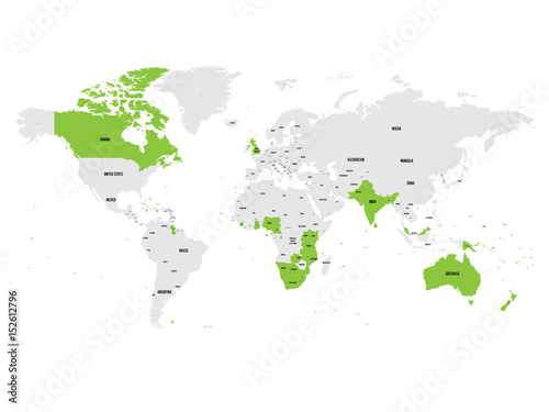 Member states of the British Commonwealth green highlighted in the world map. Vector illustration.