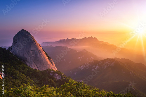 mountain in korea at sunrise located in gyeonggido seoul, south korea. the name of mountain 'Bukhansan'
