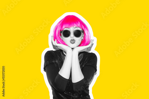 Acid crazy beautiful rock Girl in a bright pink wig and lama leather swag style red fur coat. Dangerous rocky party bored woman Ironically having fun. Flash style white background exclusive.