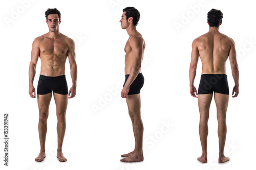 Triple view of shirtless bodybuilder: back, front, side