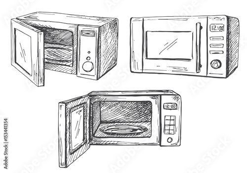 Set microwave oven isolated on white background. Vector illustration of a sketch style.