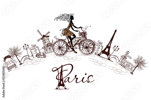 Fashion girl rides a bicycle, decorated with a musical stave and butterflies, the streets of Paris. 