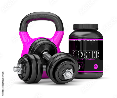 3d render of creatine bottle, dumbbells and kettlebell