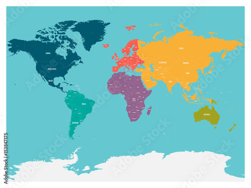 Political map of world with Antarctica. Continents in different colors on blue background. White labels with states and significant dependent territories names. High detail vector illustration.