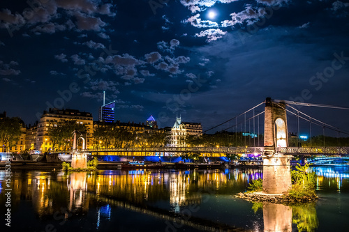 Blue Hour in Passerelle du college in Lyon with full moon