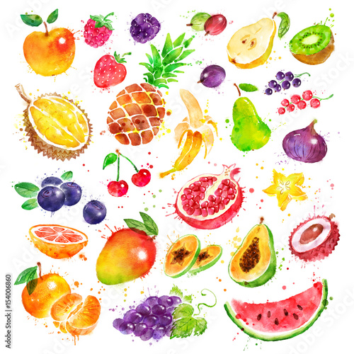 Hand drawn watercolor set of fruit