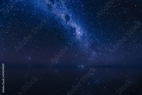 Milky Way reflects surface of water at Uyuni Salt flats in Bolivia.