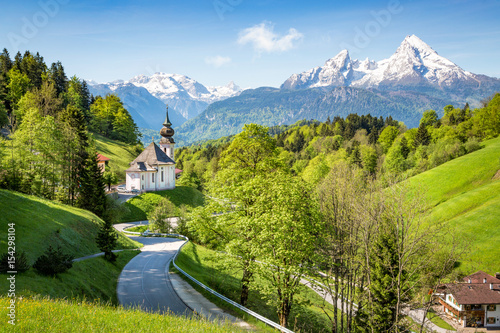 Maria Gern Chapel near Berchtesgaden with Watzmann mountain in summer, Bavaria, Germany