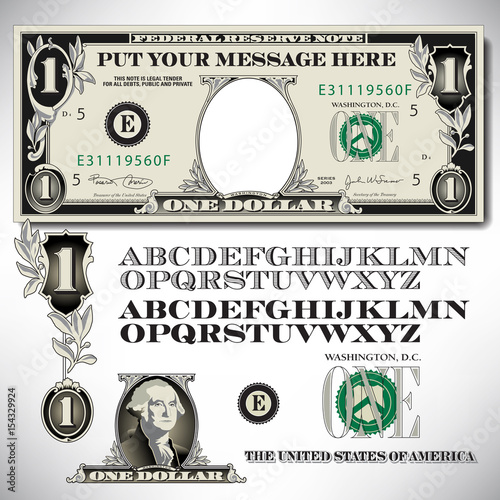 One dollar bill parts with an alphabet to make your own message 