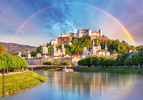 Austria, Rainbow over Salzburg castle