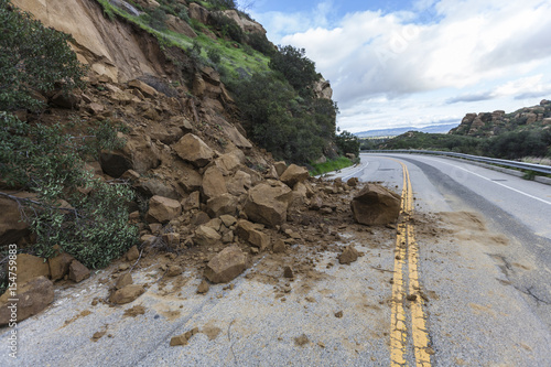 Landslide rocks blocking Santa Susana Pass Road in Los Angeles, California. 