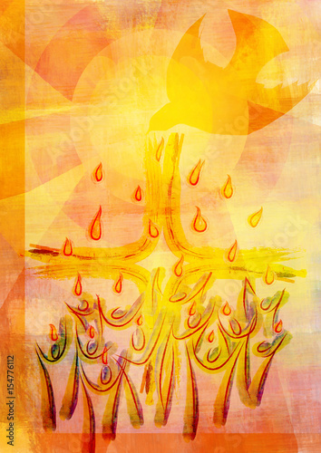 Holy Spirit, Pentecost or Confirmation symbol with a dove, people and tongues of flame or fire. Abstract modern religious digital illustration background