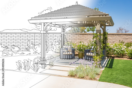 Beautiful Pergola Patio Cover Drawing Transitioning to Photo Reality.