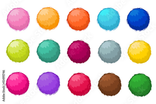 Colorful fluffy pompom fur balls isolated vector set