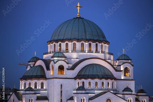 Saint Sava temple illuminated in the evening, Belgrade, Serbia