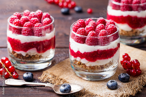 Raspberry dessert, cheesecake, mouse in a glass