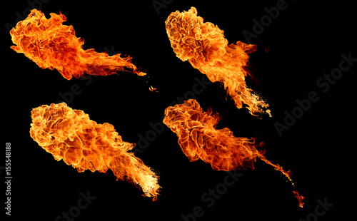 High resolution collection of flame, four large flames isolated on a black background