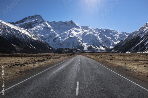 Landscape of road with mountains in south island of New Zealand