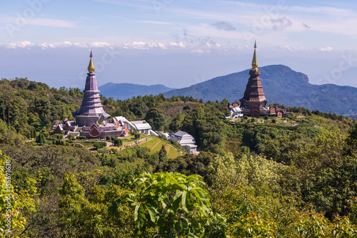 King and Queen pagoda in front of lined mountain with blue sky cloud ,Kio Mae Pan ,Doi Inthanon, Chiang Mai ,Northern Thailand