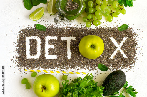 Word detox is made from chia seeds. Green smoothies and ingredie