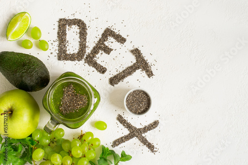 Word detox is made from chia seeds. Green smoothies and ingredie