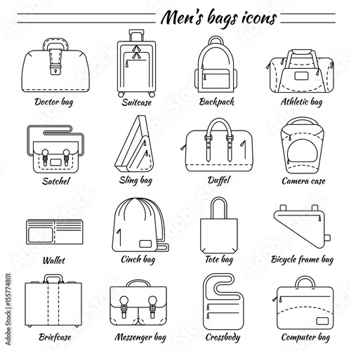 Set of 16 line icons. Different types of men's bag. Backpack, athletic, satchel, sling, camera case, wallet, bicycle frame bag, briefcase, messenger, crossboby etc. Vector illustration.