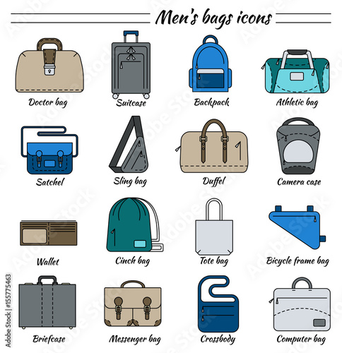 Set of 16 colorful pictures in linear style. Different types of men's bag. Backpack, athletic, satchel, sling, camera case, wallet, briefcase, messenger, crossboby etc. Vector illustration.