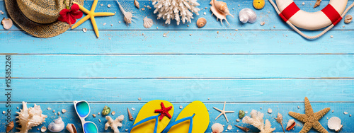 Beach Accessories On Blue Plank - Summer Holiday Banner 