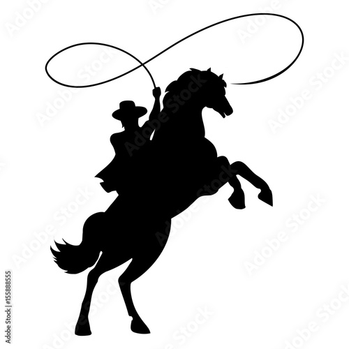 Cowboy silhouette with rope lasso on horse vector illustration isolated on white background for rodeo western design