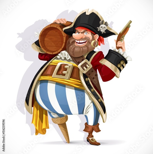 Old pirate with a wooden leg holding a keg of rum and pistol isolated on a white background