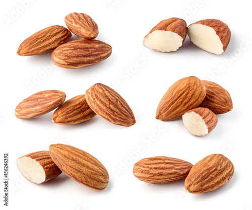 Almond isolated. Nuts on white background. Collection. Full depth of field.
