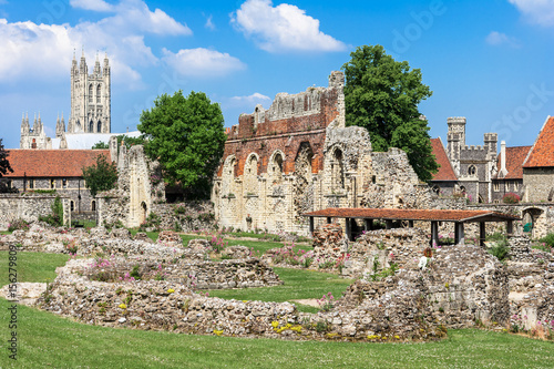 Ruins of St Augustines Abbey with Canterbury Cathedral in the background. England