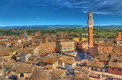 View of Piazza del Campo from Tower Facciatone of Sienna, in Tuscany, Italy