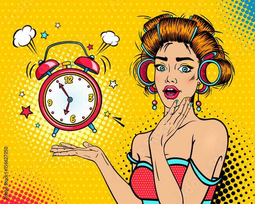 Wow female face. Sexy young surprised woman housewife with open mouth and hair curlers, bright makeup and alarm clock ringing. Vector background in pop art retro comic style. Party invitation poster.