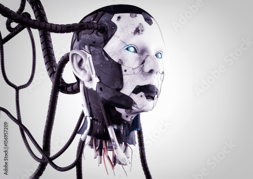 The head of a cyborg with wires on a gray background.